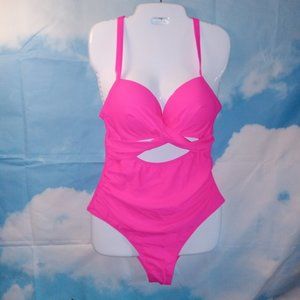 Barbiecore Neon Pink 1Piece Swimsuit Halter Push-up Cross Twist front cutout NEW